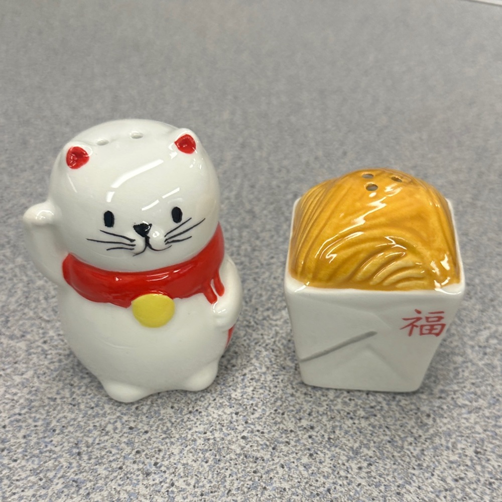 Lucky Cat and Noodle Box Salt and Pepper Shakers • NIB
